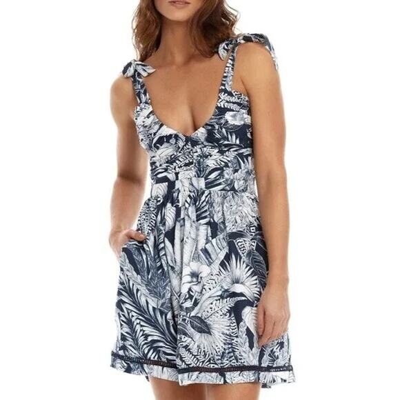 Agua Bendita Blue Floral Mini Dress Small Viscose Sierra Helios $200 Vacation - Picture 1 of 13